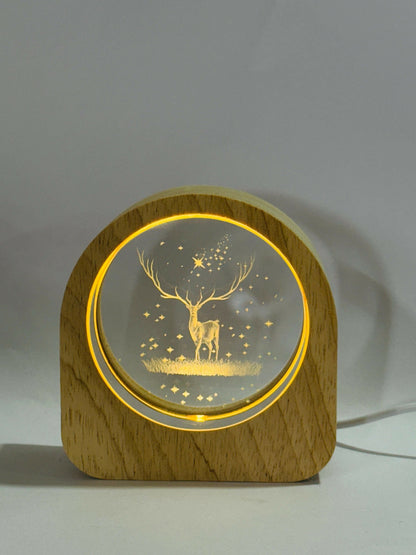 3D Deer in Forest Scene Crystal Glass LED Night Lamp with Wooden Frame – USB Powered Table Light with Warm Yellow Glow | Nature-Inspired Bedroom Decor, Night Light & Gift for Animal Lovers