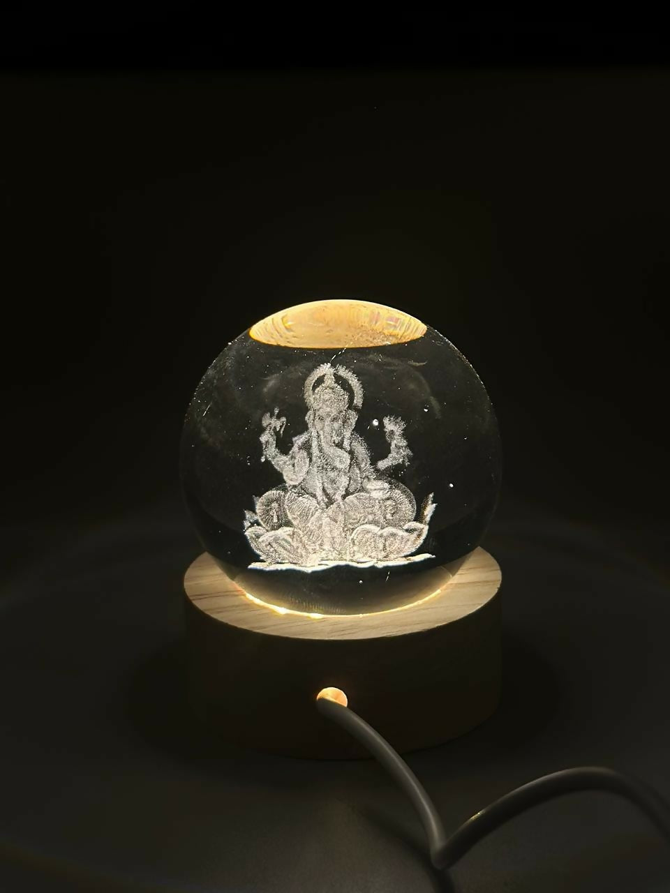 3D Crystal Ganesha LED Night Lamp Crystal Ball Night Lamp,Creative Engraved Crystal Ball Night Light, USB Table LED Wooden Crystal Ball for Home Office Decoration Birthday Gift Adults, Ganesh Ganesha